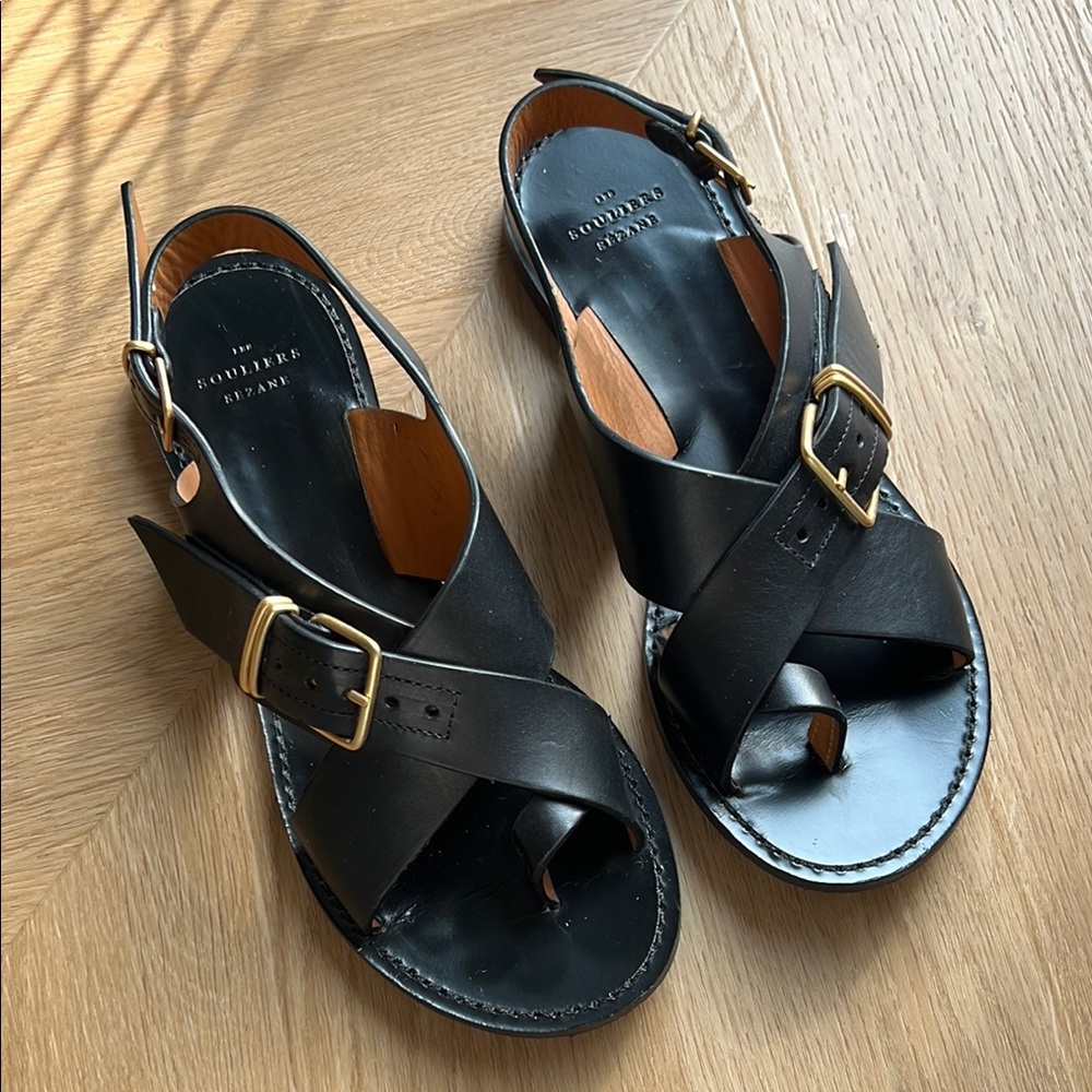 Sezane Black Leather Cross-Strap Sandals with Gold Buckles